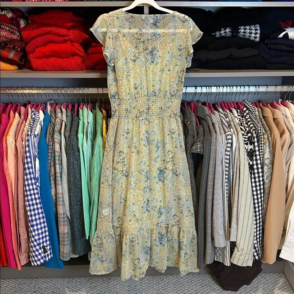 Gypsies & Moondust sage floral elastic waist cap sleeve v neck tie midi dress XS